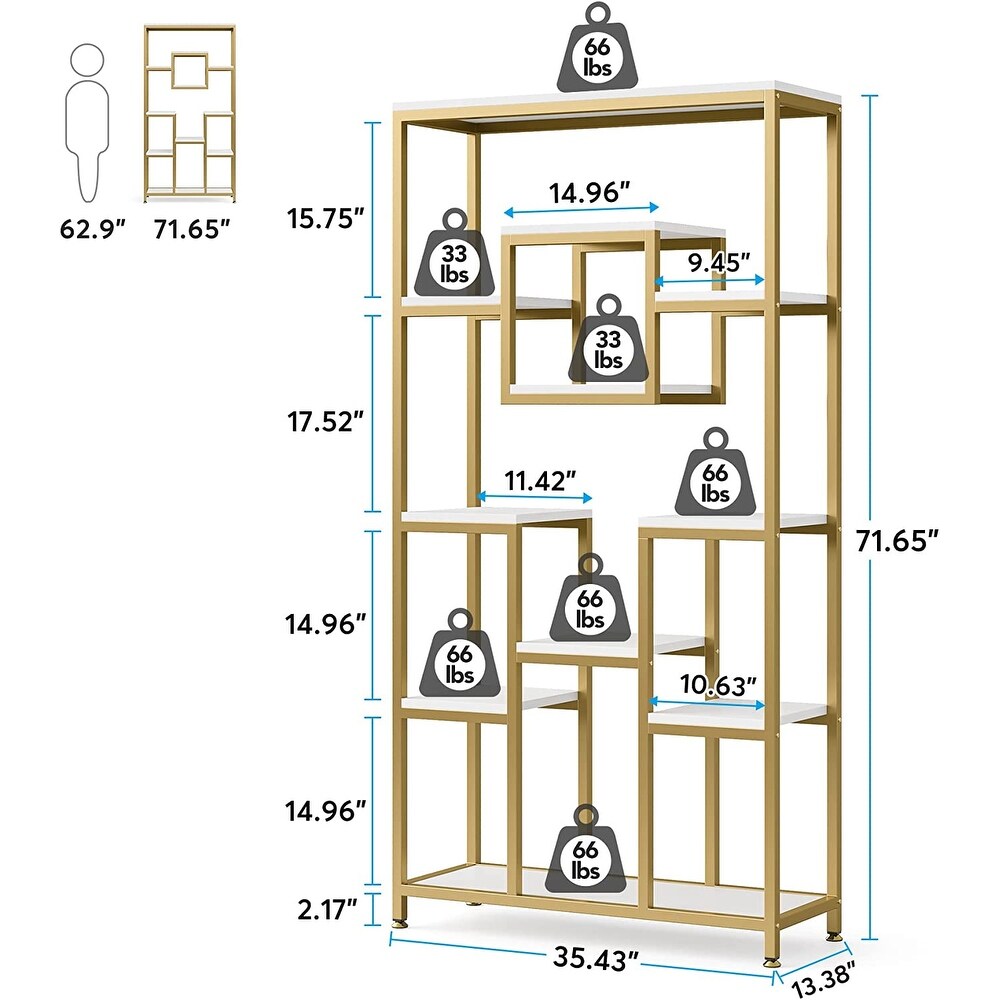 Freestanding Bookcase and Bookshelves  71 Inch Tall Gold Book Shelves