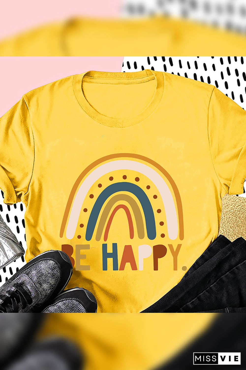 Be Happy Print Graphic Tees for Women Wholesale Short Sleeve T shirts Top