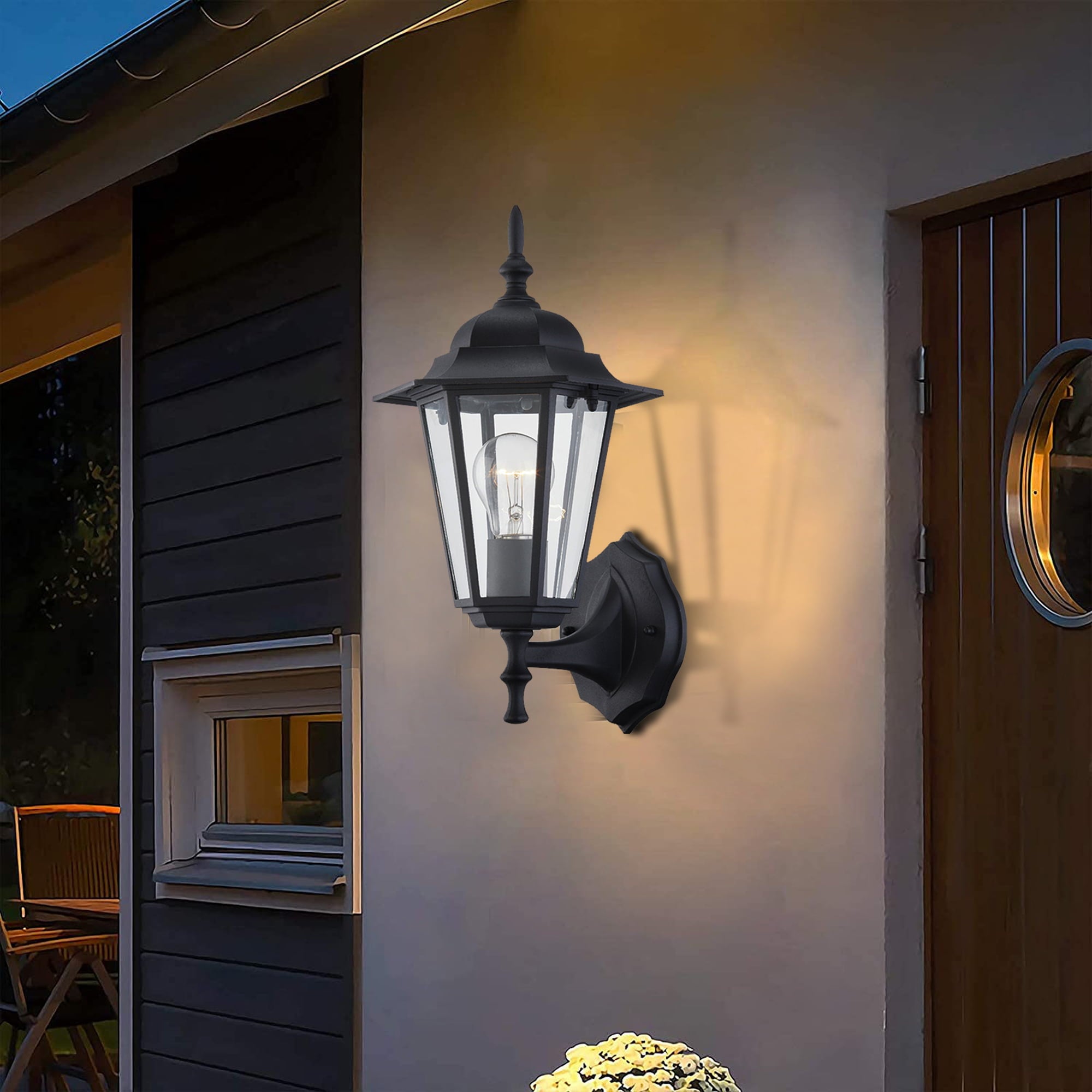 1-Light Matte Black Porch Light Fixture Outdoor Lighting Wall Mount with Clear Glass and Base E26 Hukoro