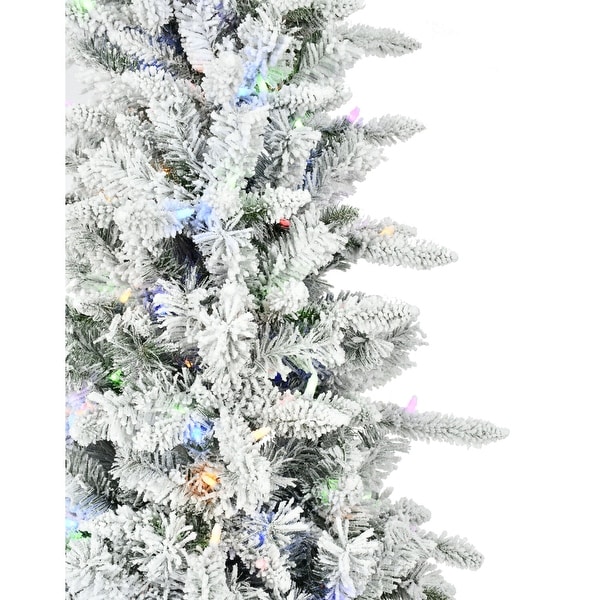 Fraser Hill Farm 7.5Ft. Slim Mountain Pine Flocked Christmas Tree with Multicolor LED Lights