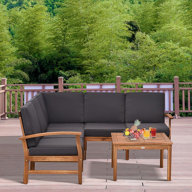 Outsunny 6 Piece L Shape Garden Sofa Set Solid Acacia Wood Garden Furniture Set With A Coffee Table For Yard And Bistro