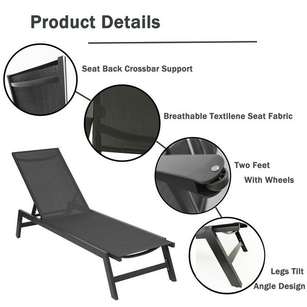 2-Pcs Set Chaise Lounge Chairs， Five-Position Adjustable Aluminum Recliner( Grey Frame/ Black fabric)