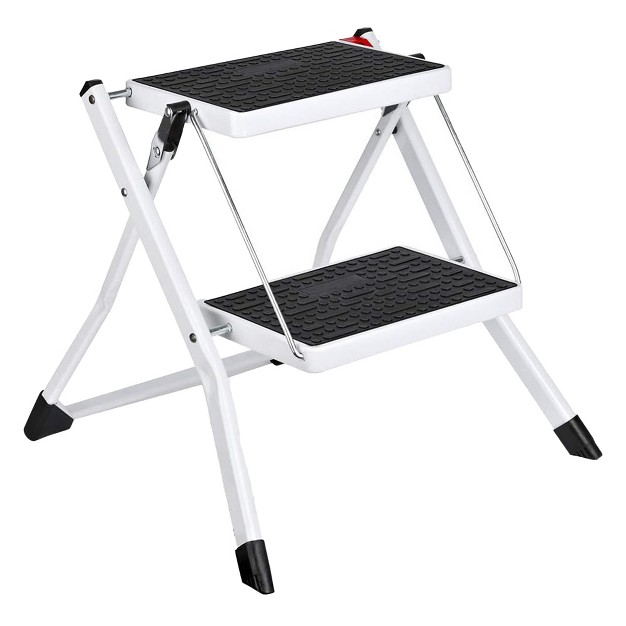 Delxo Portable Collapsible Lightweight Alloy Steel 2 Step Mini Stool Stepladder With Anti Slip Carry Hand Grip And Wide Pedal For Indoor Use White