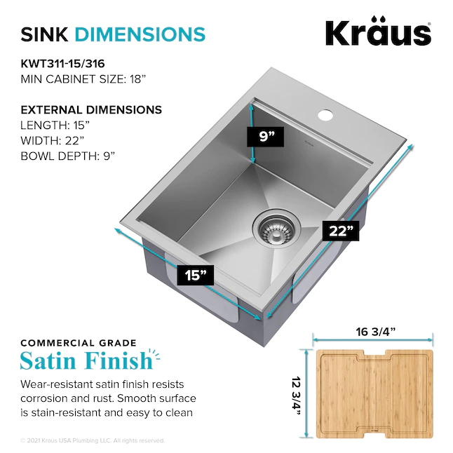 Kraus 4-Piece 15-in W x 9.375-in D x 22-in H Outdoor Kitchen Sink (KWT311-15-316)