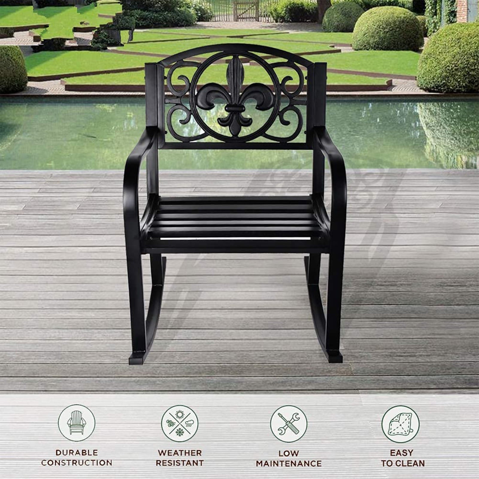 Magic Union Outdoor Rocking Chair Cast Iron for Patio Garden Backyard, Black