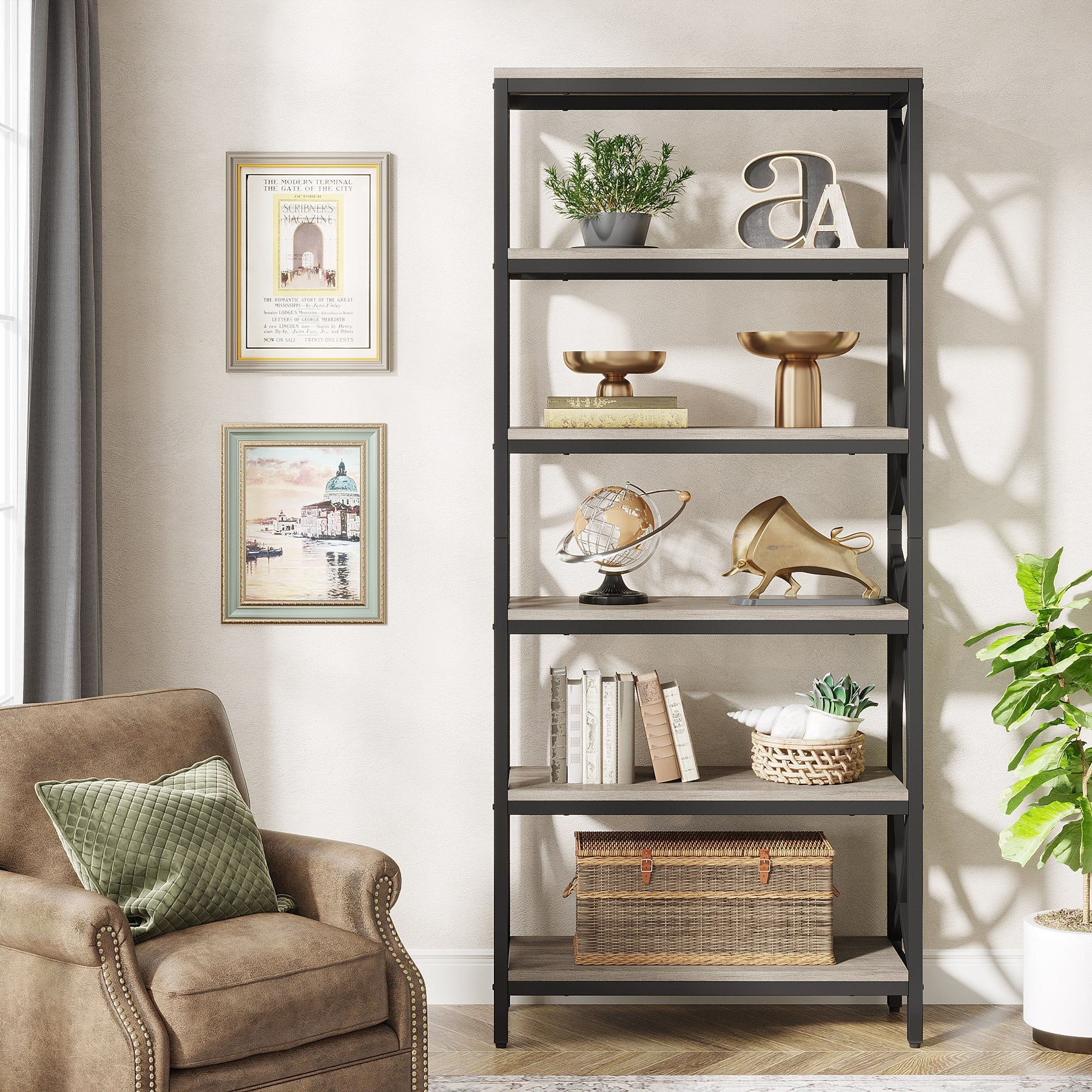 6-Tier Bookshelf, 70.8 Tall Bookcase Open Storage Shelf with Metal Frame