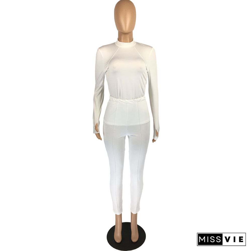 White Long Sleeve T Shirts Skinny Pants Casual Set