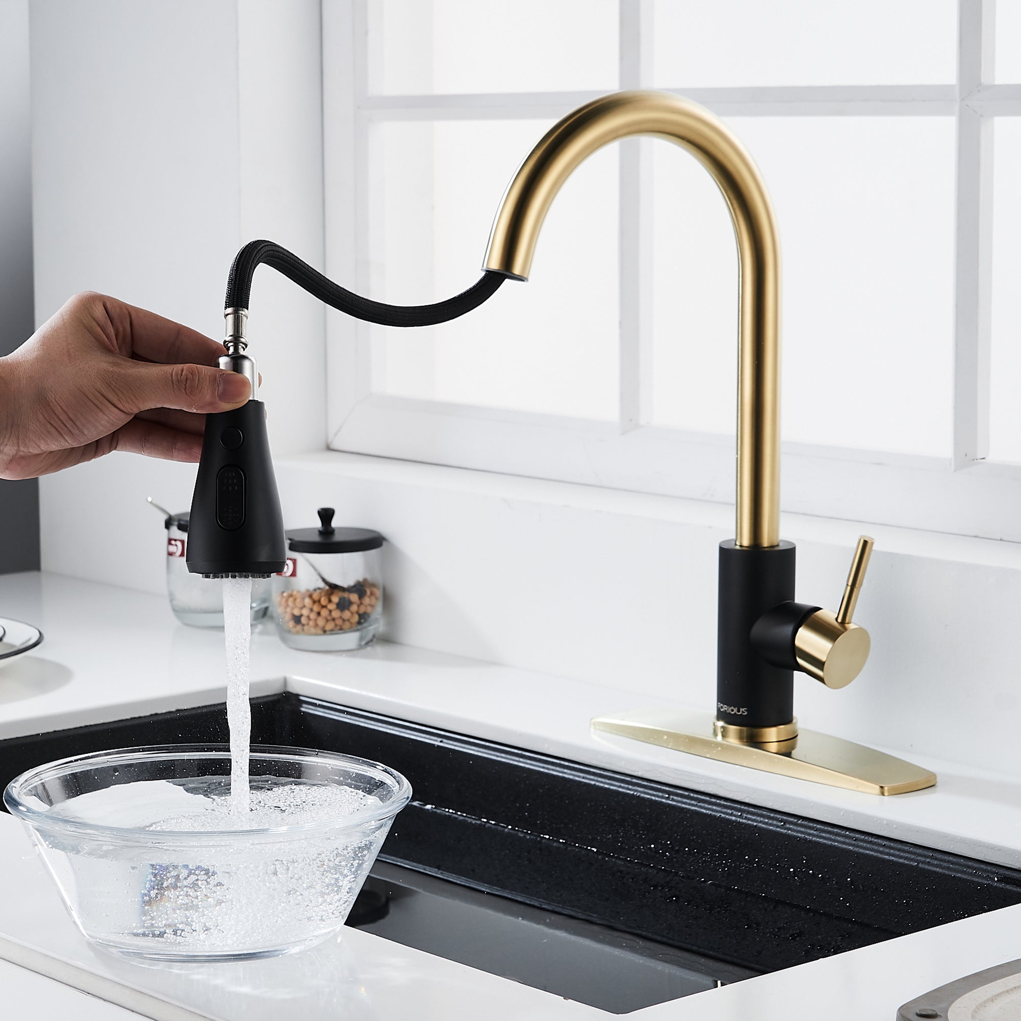 Forious Kitchen Faucet with Pull Down Sprayer Single Handle Sink Faucet Gold Black in Kitchen