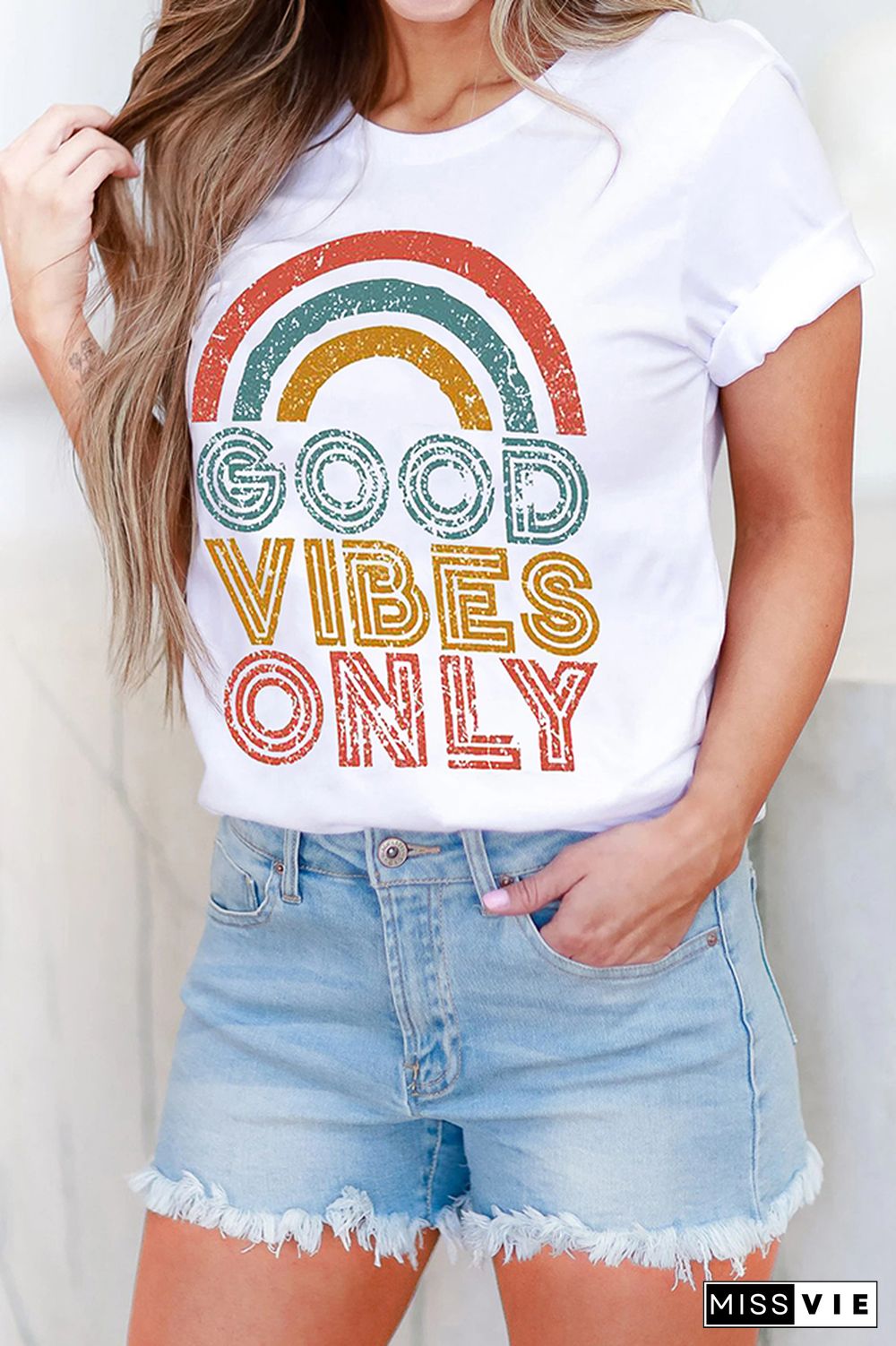 GOOD VIBES ONLY Print Graphic Tees for Women Wholesale Short Sleeve T shirts Top