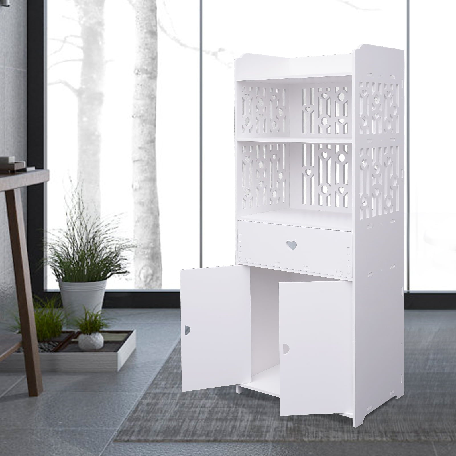 TFCFL Freestanding Cabinet Storage Organizer Floor Cabinet with 2 Doors Modern Bathroom Furniture White 15.7