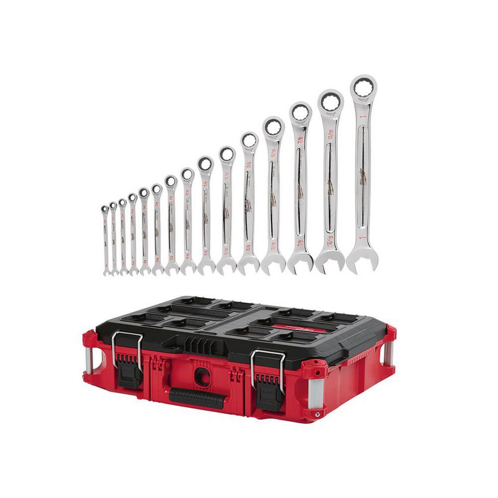 MW SAE Combination Ratcheting Wrench Set (15-Piece) with PACKOUT 22 in. Tool Box 48-22-9416-48-22-8424