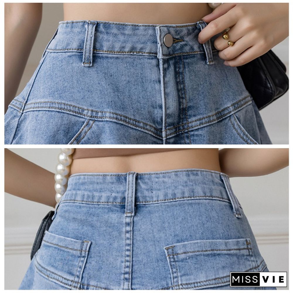 Women Denim Culotte Shorts Hot Pants Flared Wide Leg High Waist Pockets Loose Summer Trouser