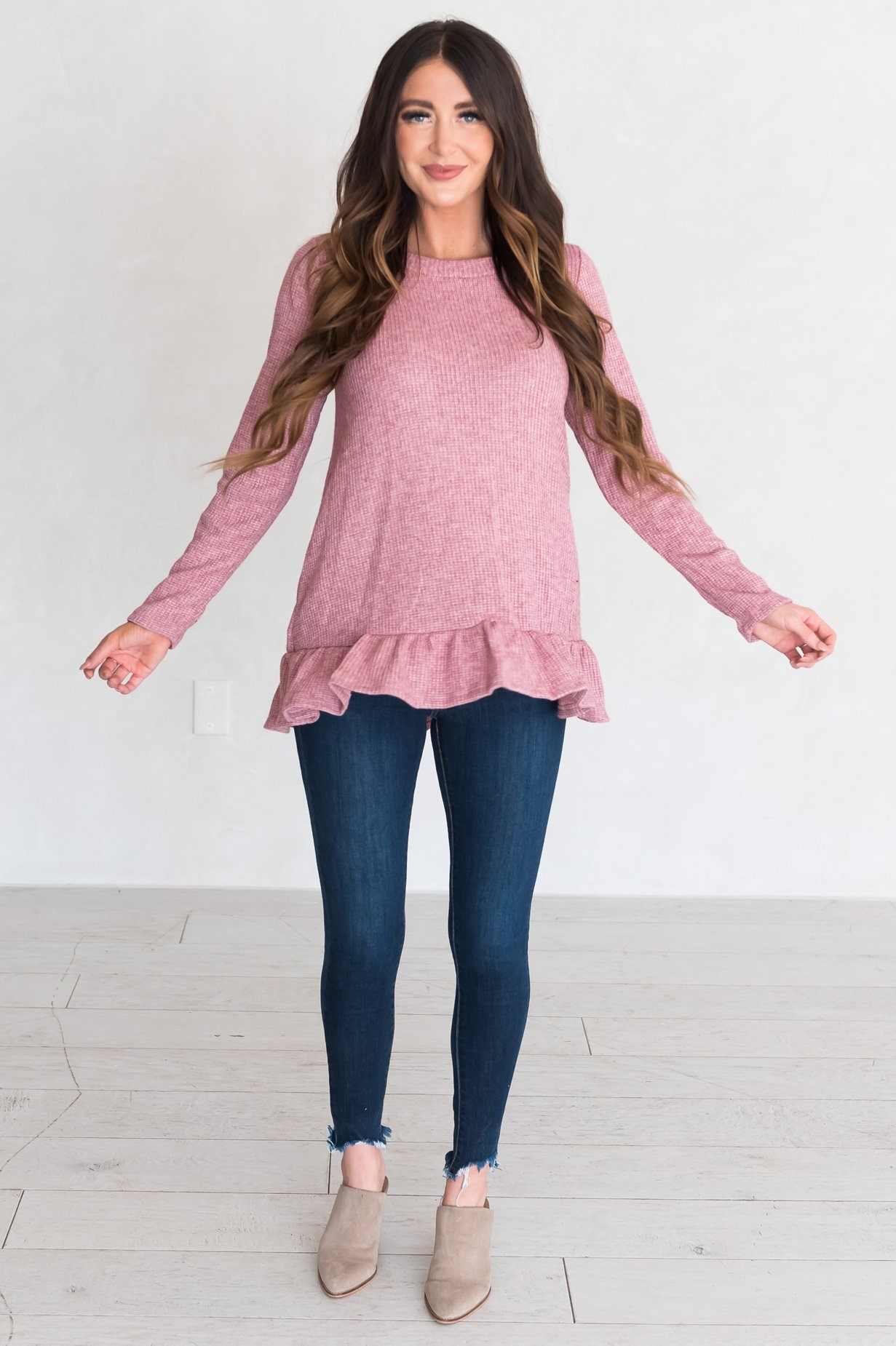 Lovely Sight Modest Ruffle Hem Top