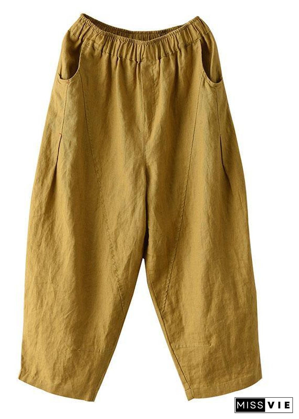 Natural yellow-half pattern Elastic Waist Summer Linen Harem Pants