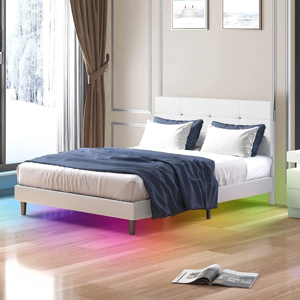 Mixoy Bed Frame with Smart RGB LED Lights Button Tufted Headboard PVC Fabric Upholstered Platform No Box Spring Needed