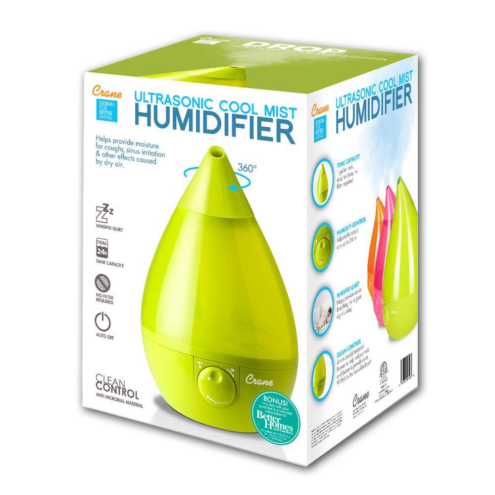 Crane 1 Gal. Drop Ultrasonic Cool Mist Humidifier for Medium to Large Rooms up to 500 sq. ft. - Green EE-5301G