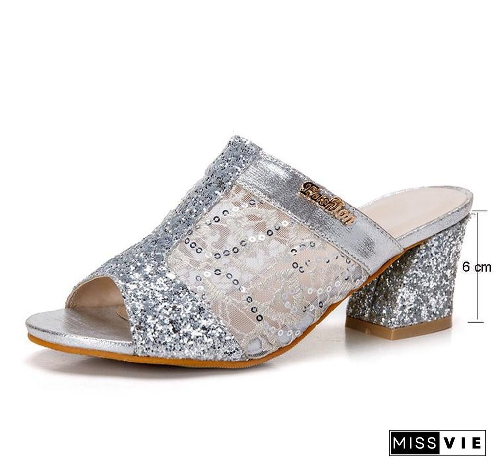 Women Bling Square Heel Lace Slippers Hollow Sandals