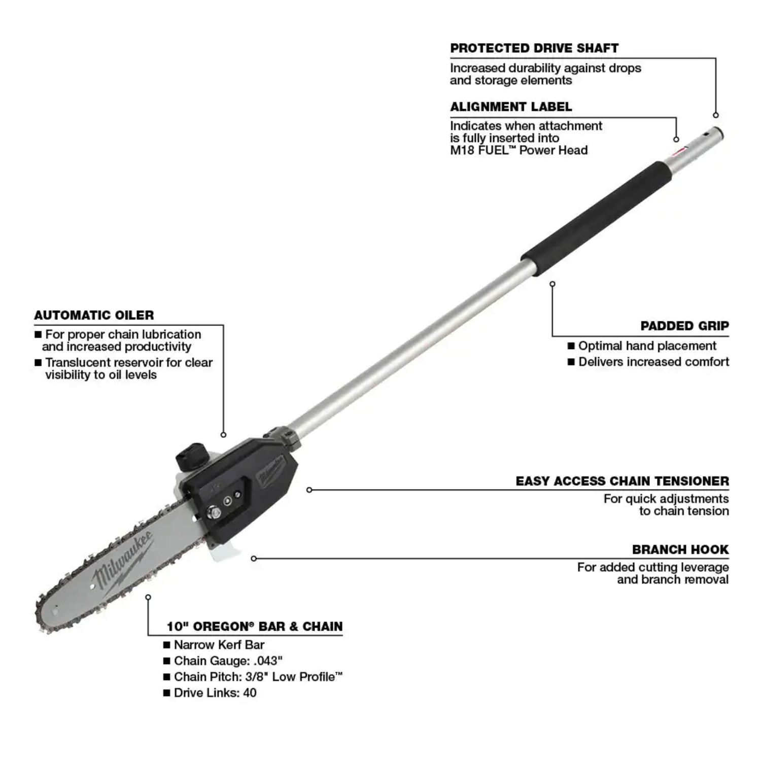 Milwaukee M18 FUEL QUIK-LOK 10 in. Pole Saw Attachment ，Tool-Only， 49-16-2720