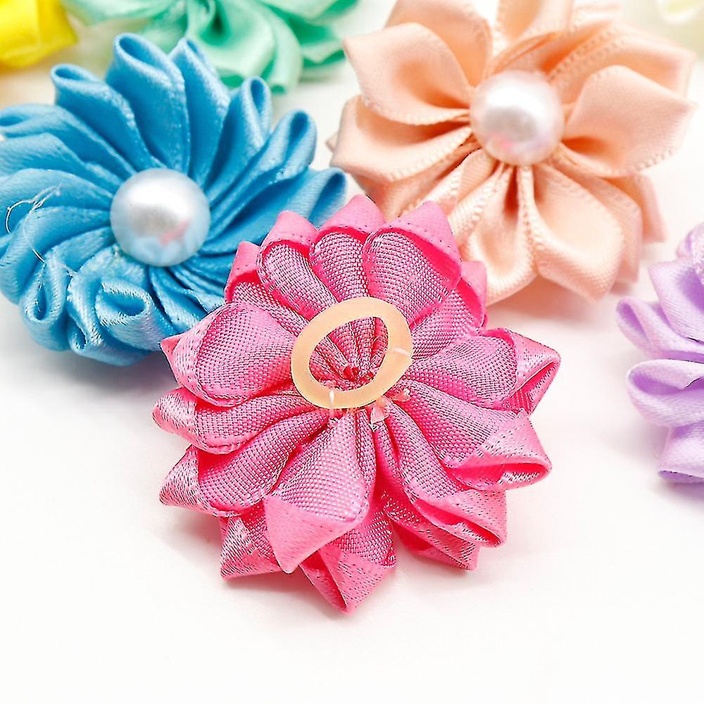 10pcs Cute Dog Hair With Rubber Band Pearl Flower Knotted Dog Bow Pet Grooming Products