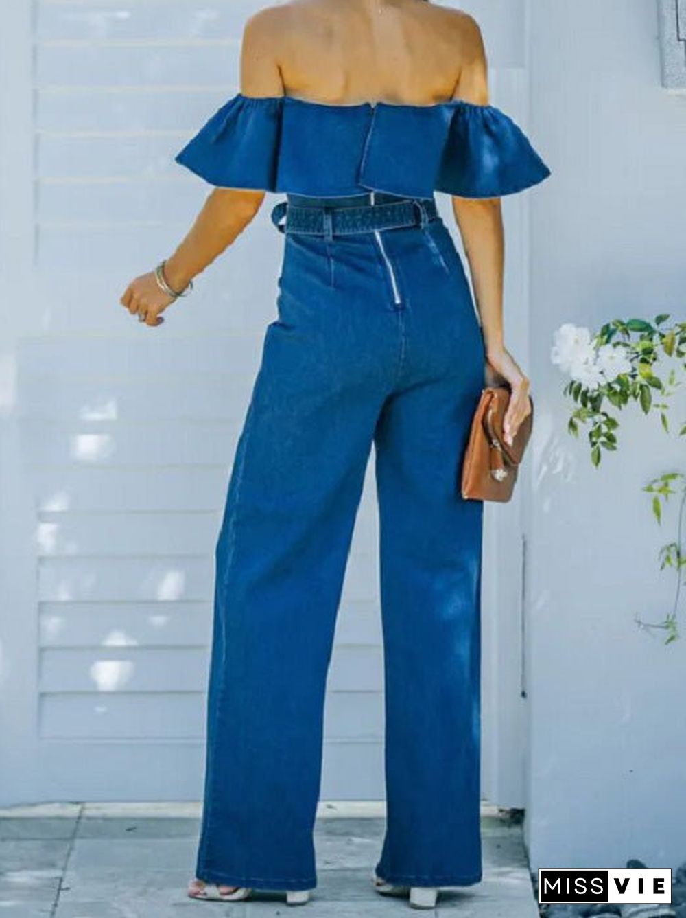 Women'S Jumpsuits One-Shoulder Ruffled Belted Jumpsuit