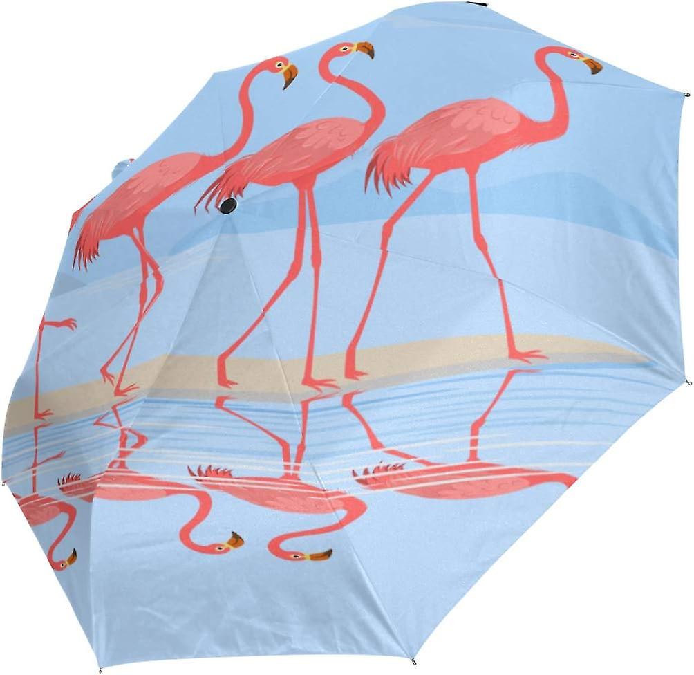 Travel Umbrella Automatic Windproof Foldable Umbrella Flamingo Birds Walking