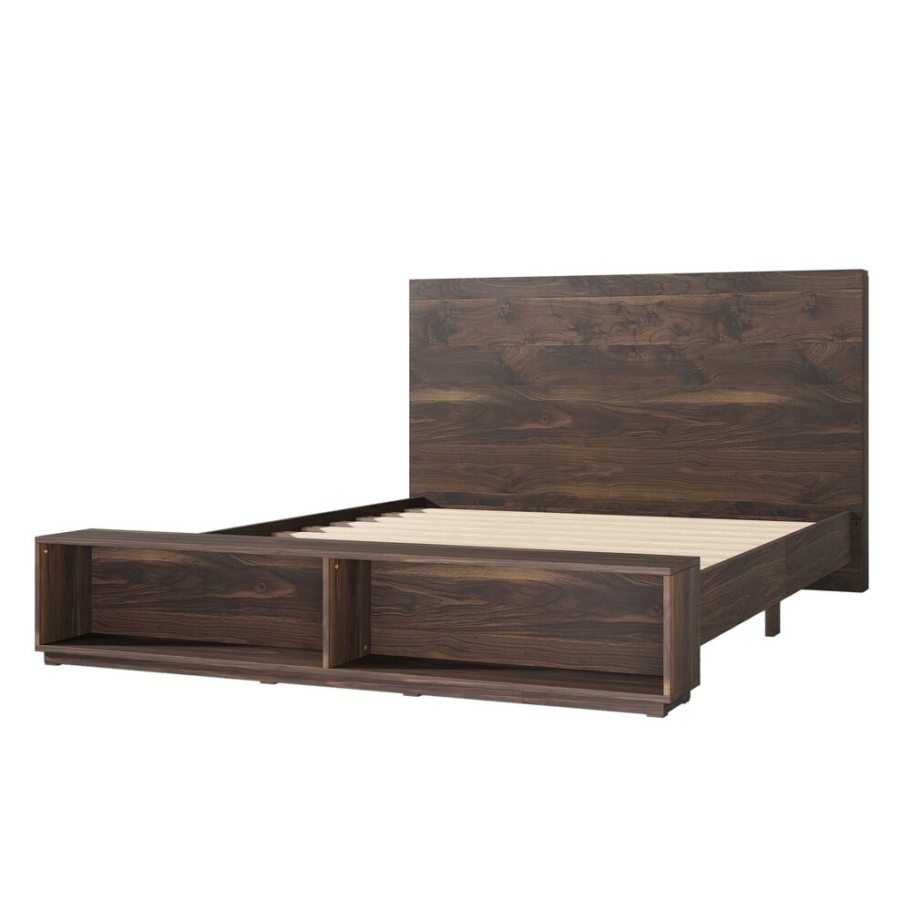 Walnut Wooden King Platform Bed with Storage Bench