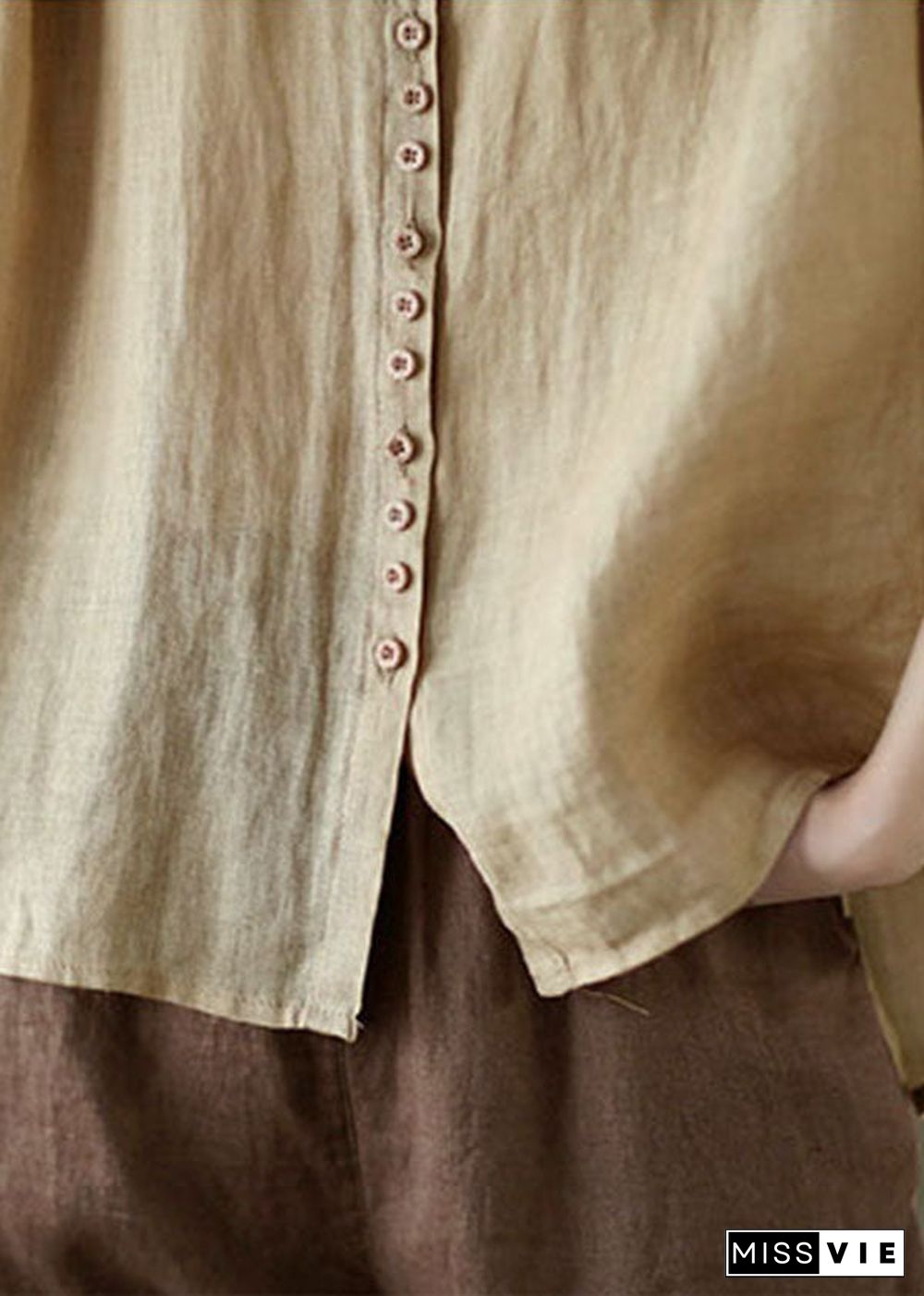 Casual Khaki Solid Button Pockets Linen Shirt Tops Half Sleeve