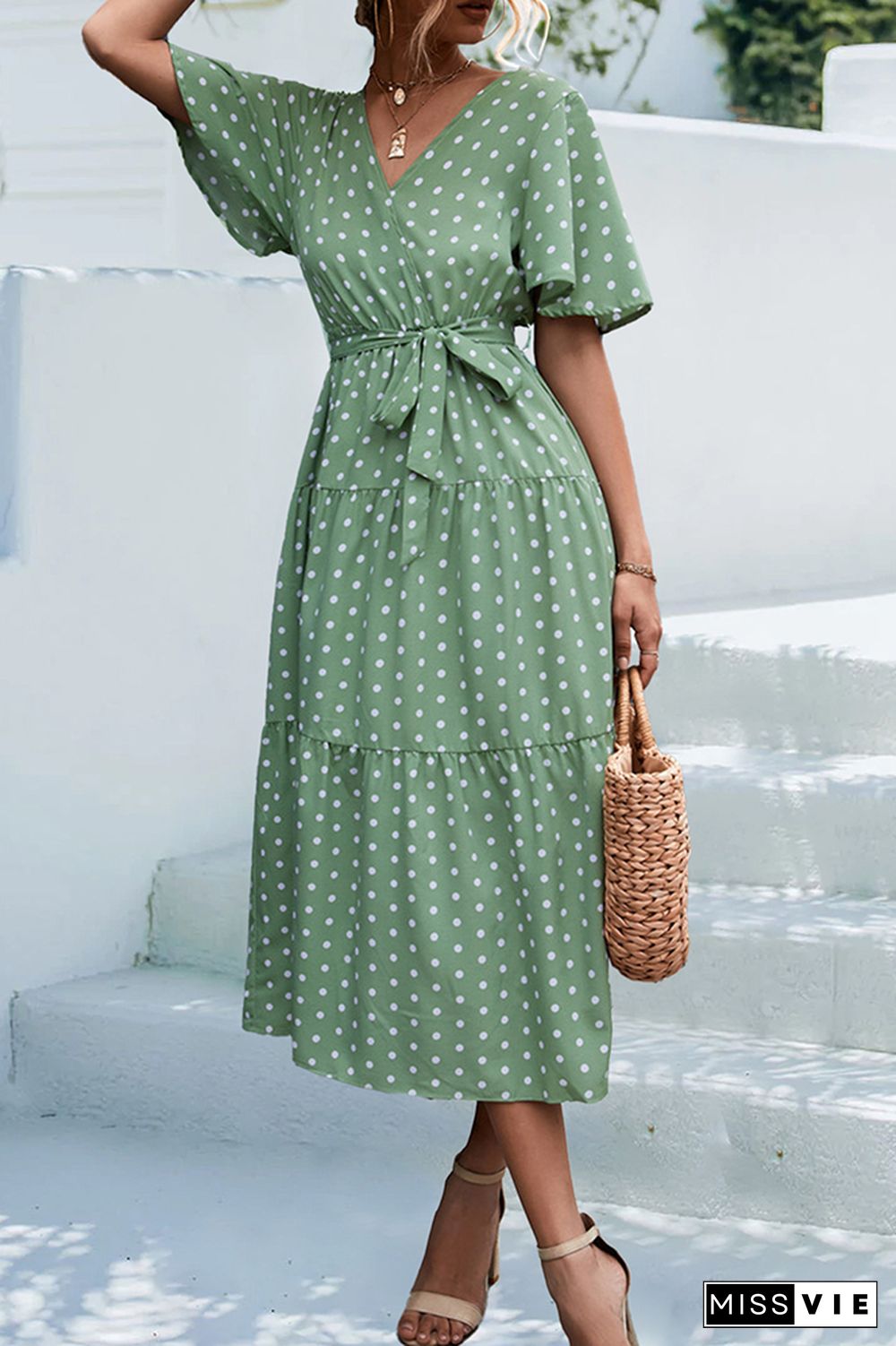 Polkadot V Neck Waist Tie Tiered Ruffle Dress