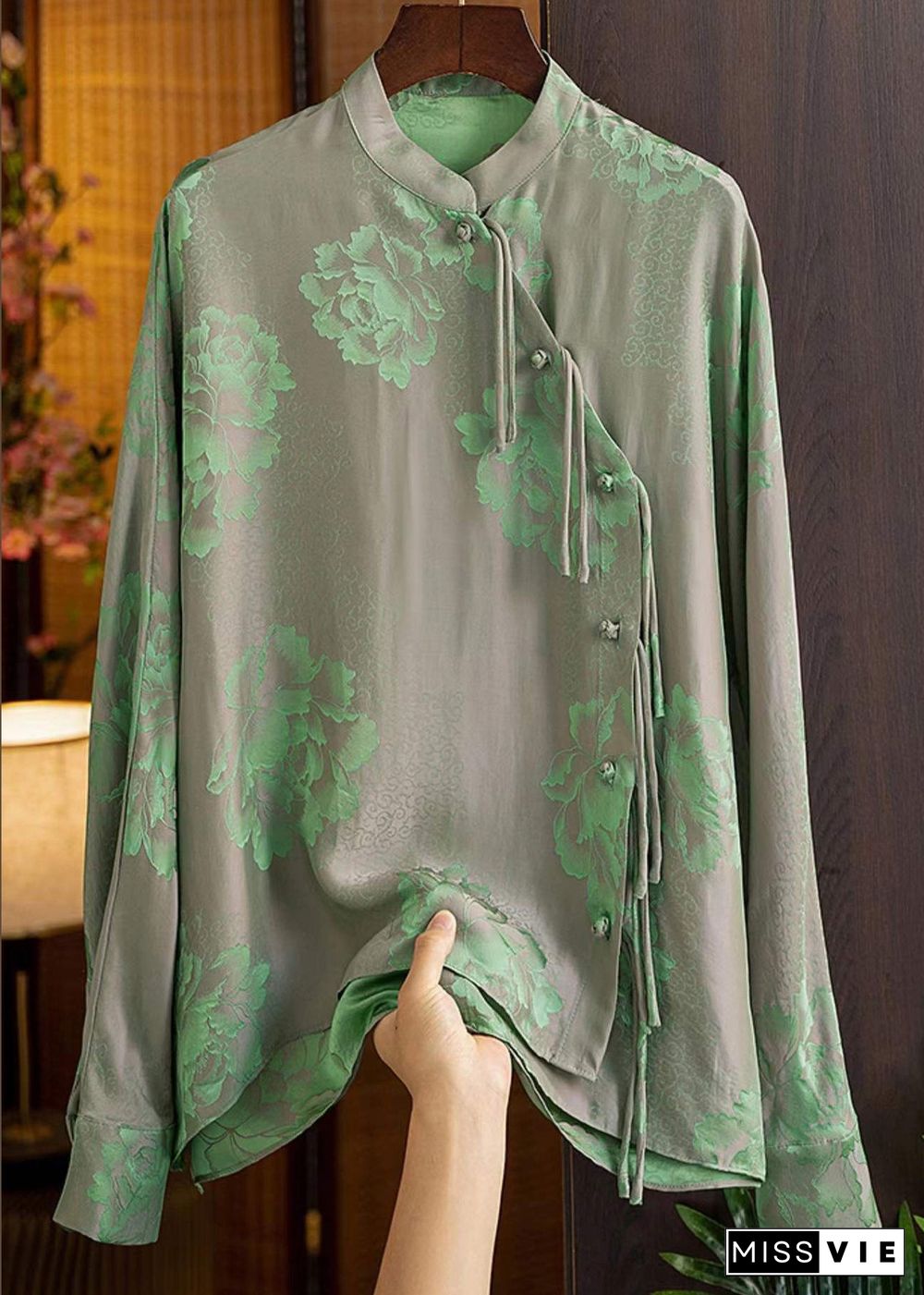 Beautiful Green Mandarin Collar Button Print Silk Shirt Top Spring