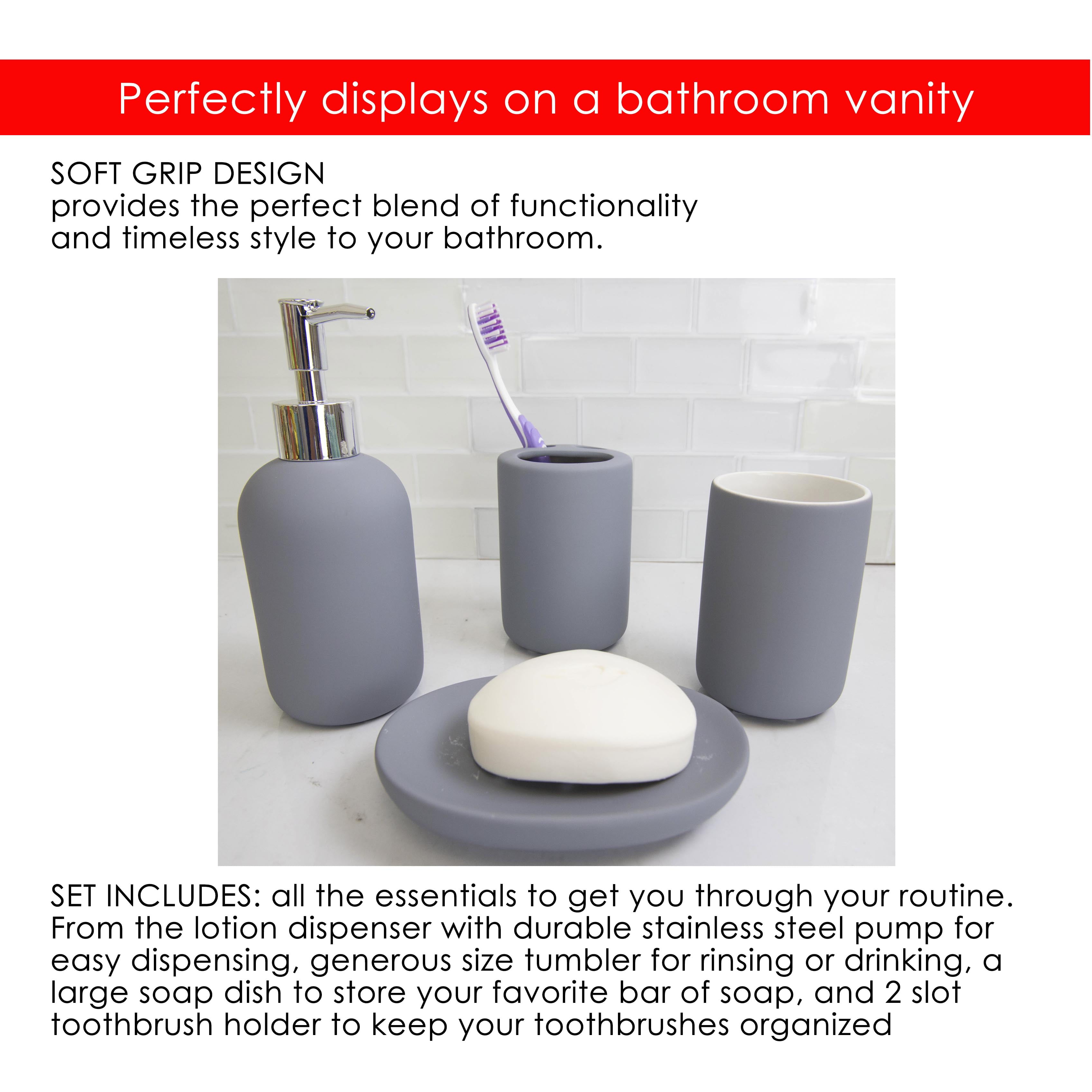 4 Piece Rubberized Ceramic Bath Accessory Set， Grey