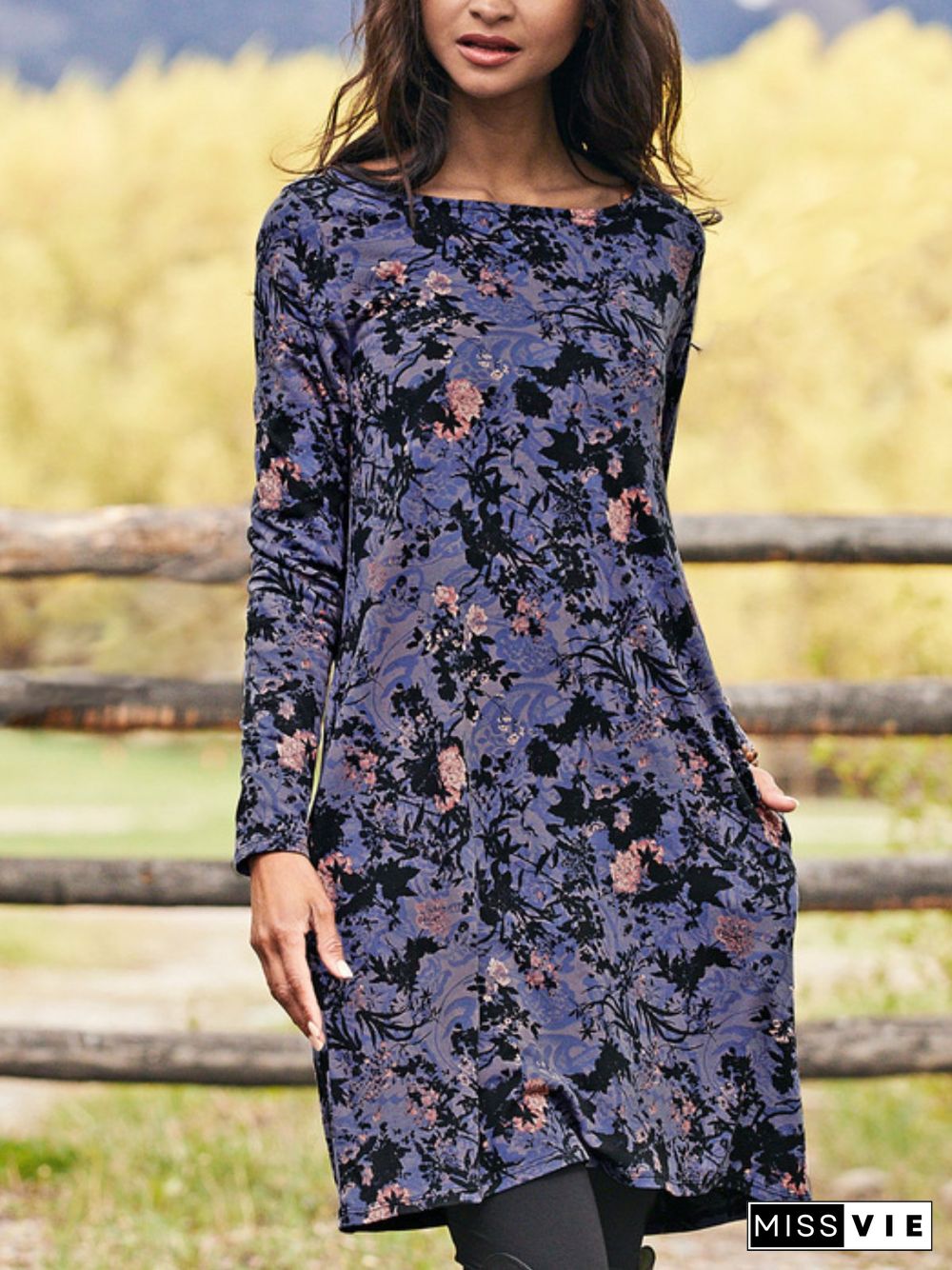 Casual Long Sleeve Round Neck Plus Size Printed Dress