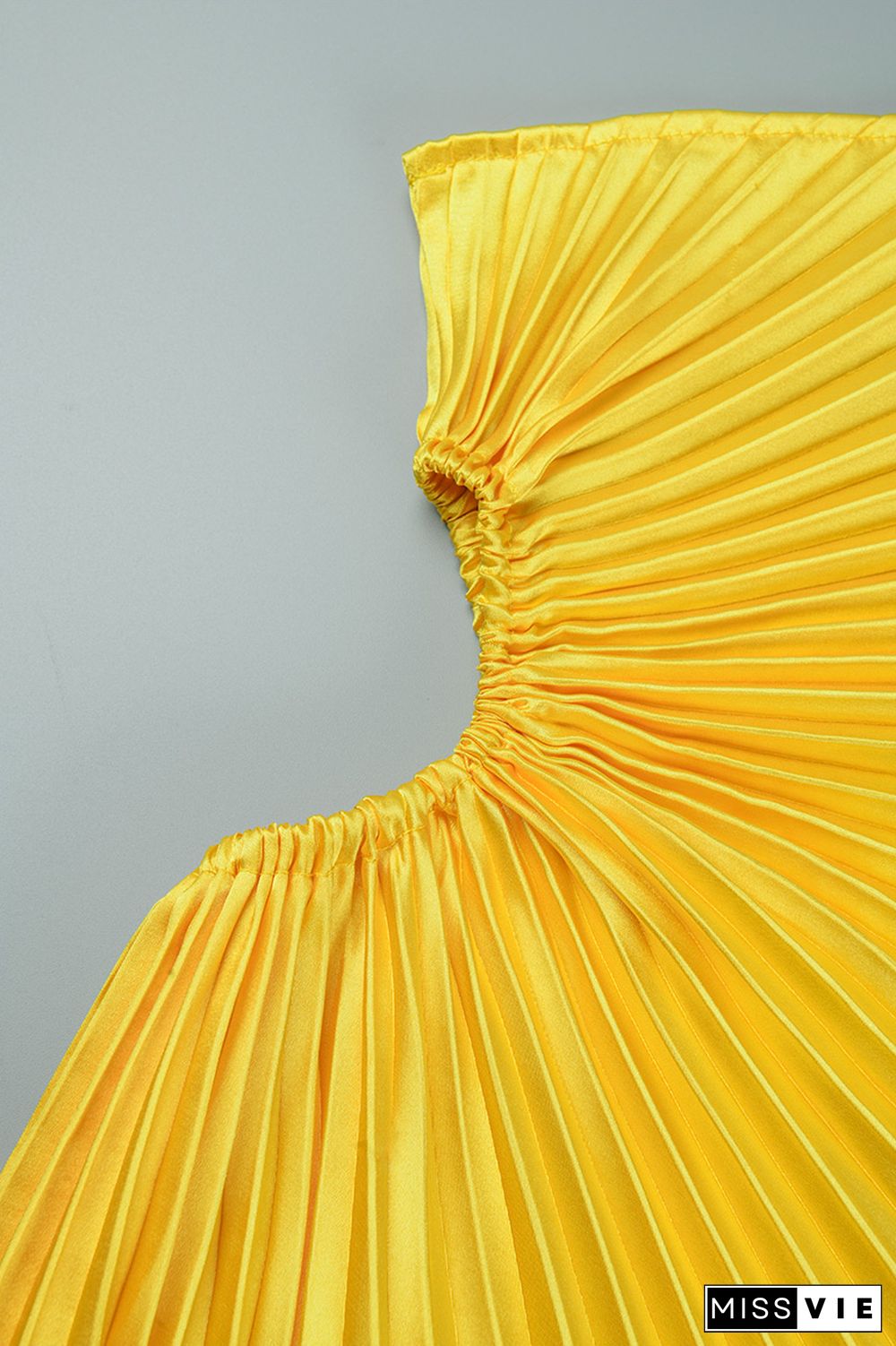 Yellow Casual Solid Hollowed Out Backless Pleated Oblique Collar Long Dress Dresses