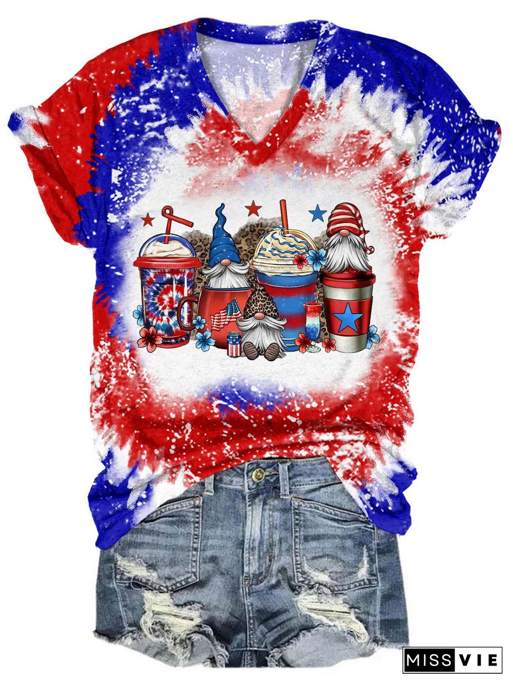 Red White Blue Gnome Coffee Drinks Tie Dye T-Shirt