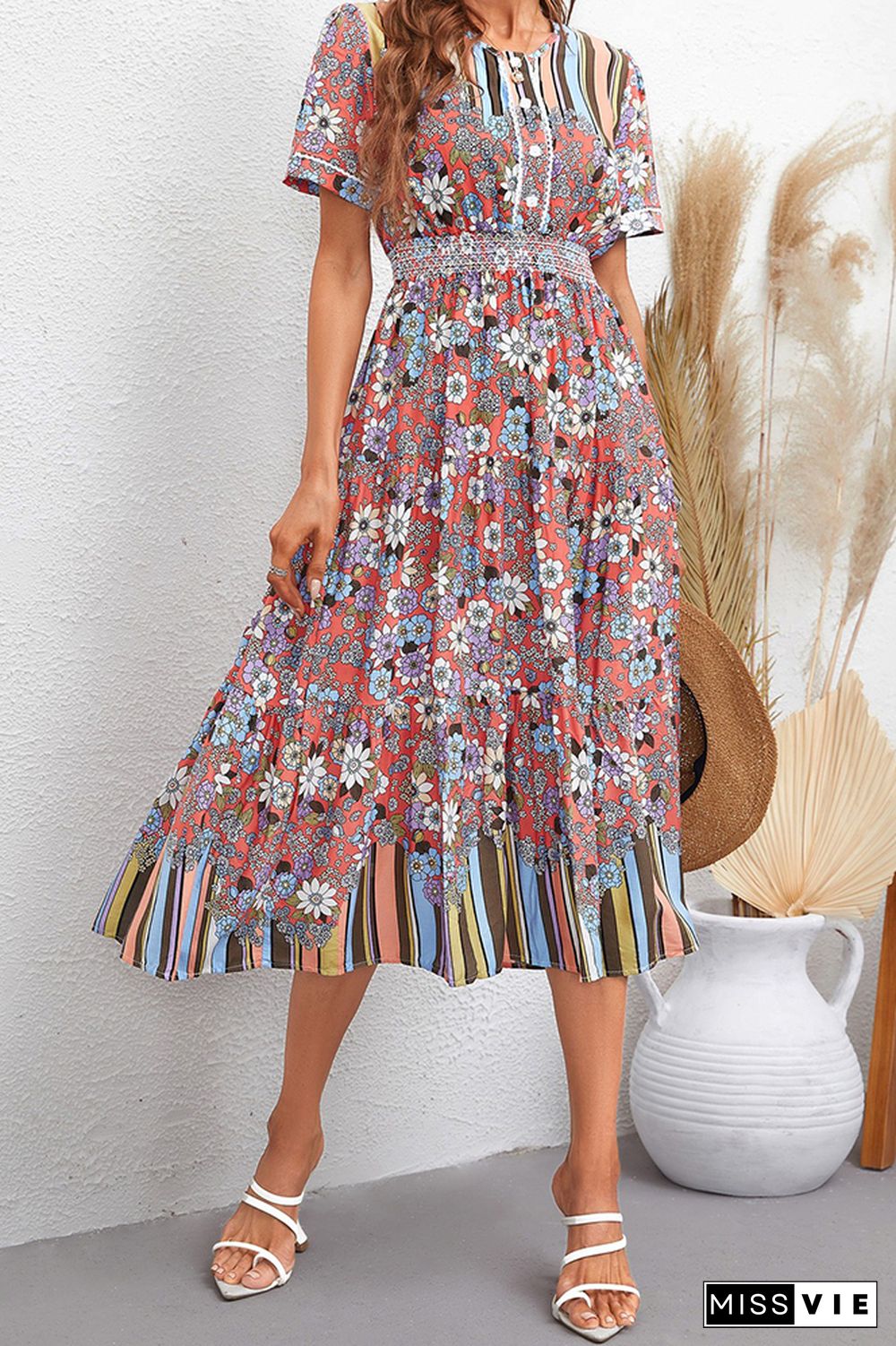 Flower And Stripes Printinig Patchwork Bohemia Dress