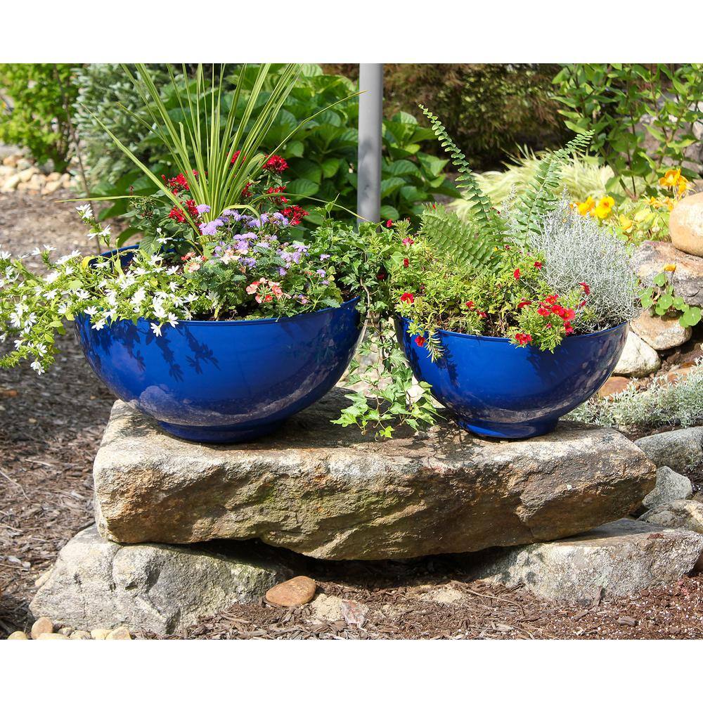 ACHLA DESIGNS 16 in. W Round French Blue Galvanized Steel Bowl Planter Pot C-60FB