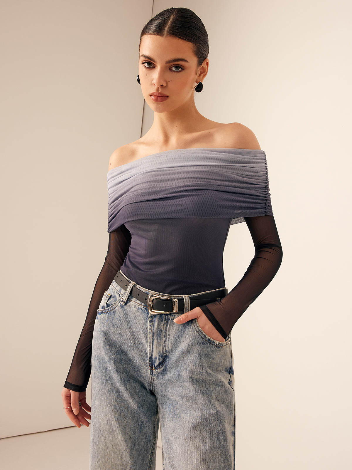 Mesh Ruched Off Shoulder Ombre Blouse