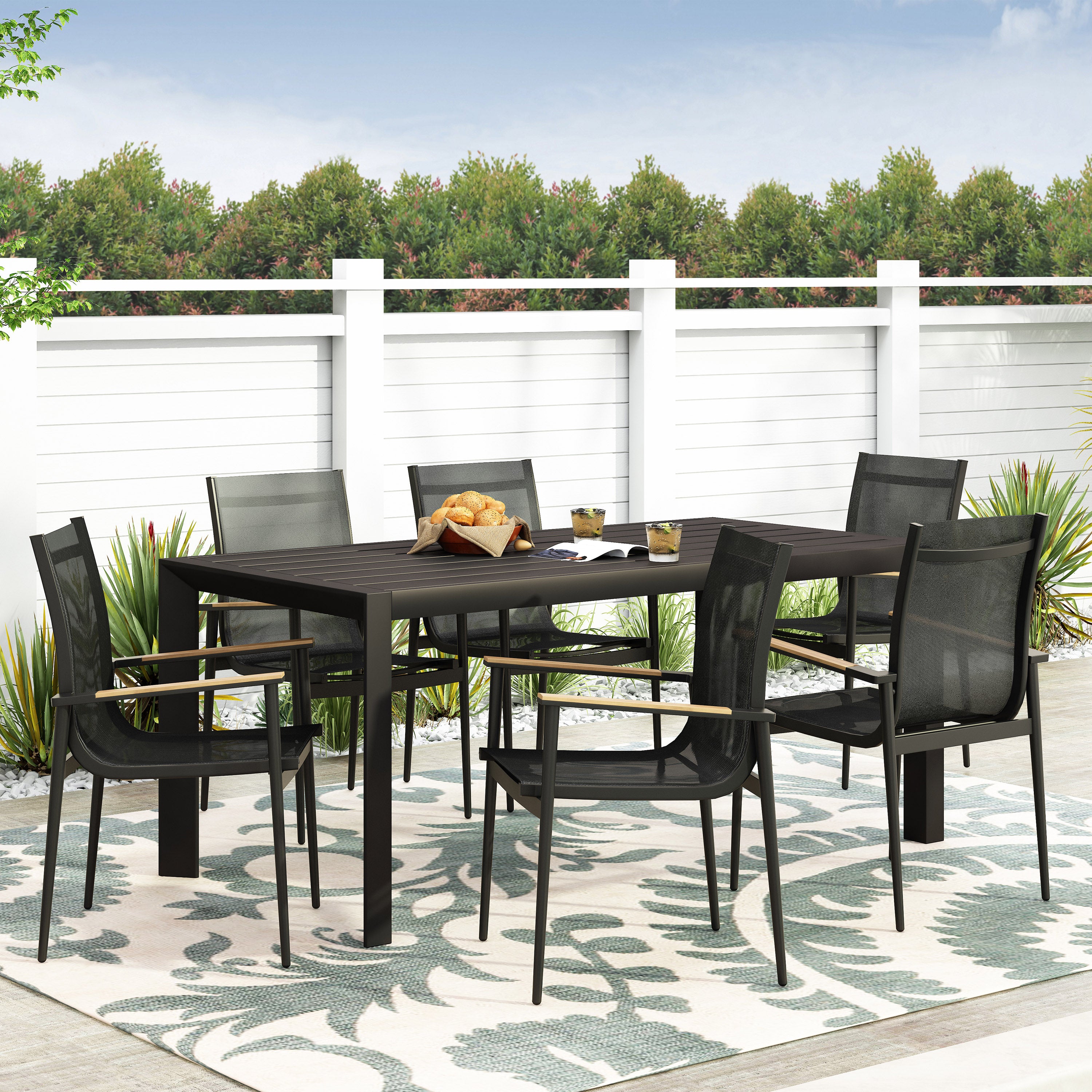 Kairo Outdoor Mesh and Aluminum 7 Piece Dining Set, Black