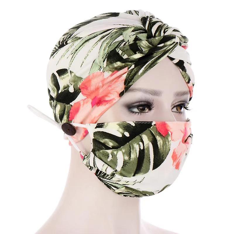 Women- Turban Head Wrap Hat With Mask Button Scarf