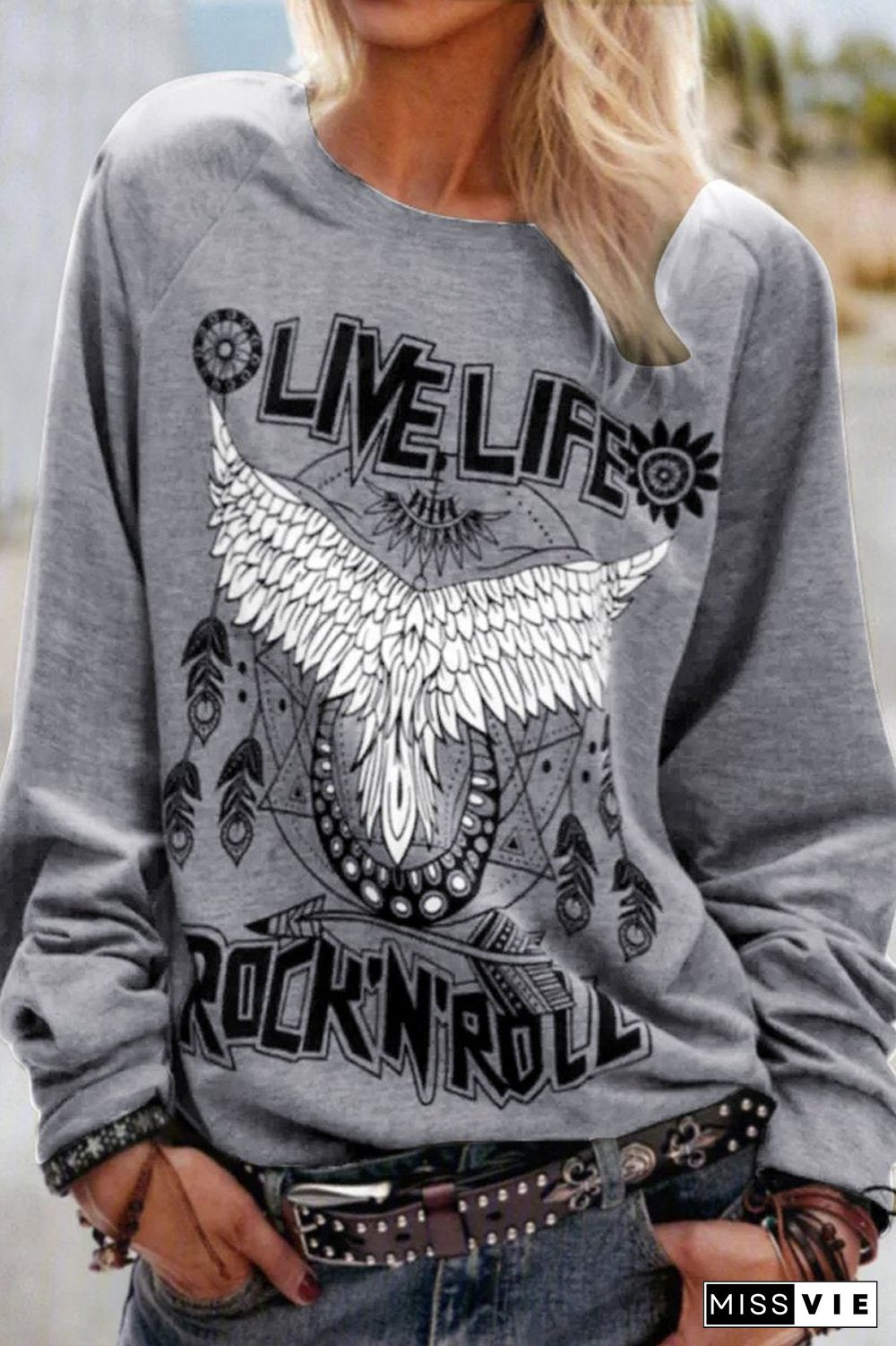 Letter Eagle Print Long Sleeve Top T-Shirt