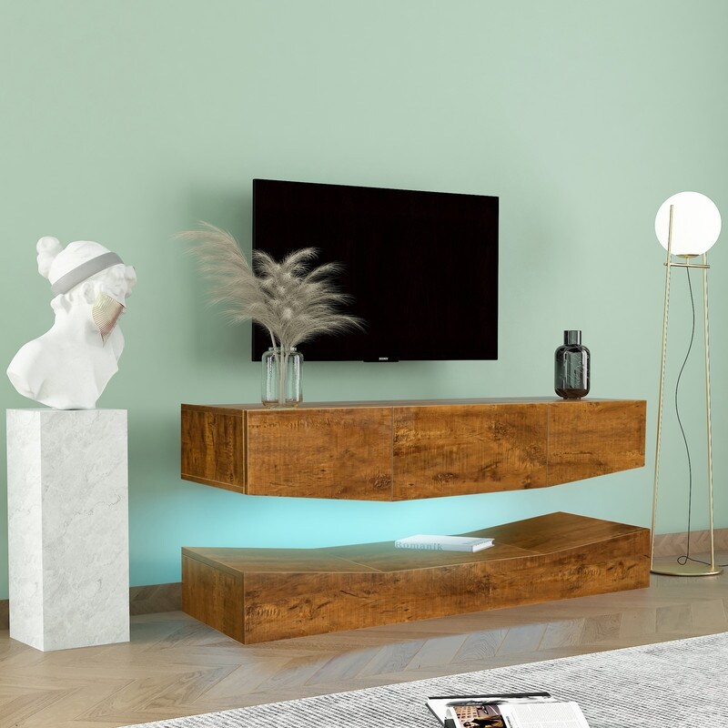 Wall mounted TV stand with LED lights for 55 inch TV  3 drawers and open storage rack