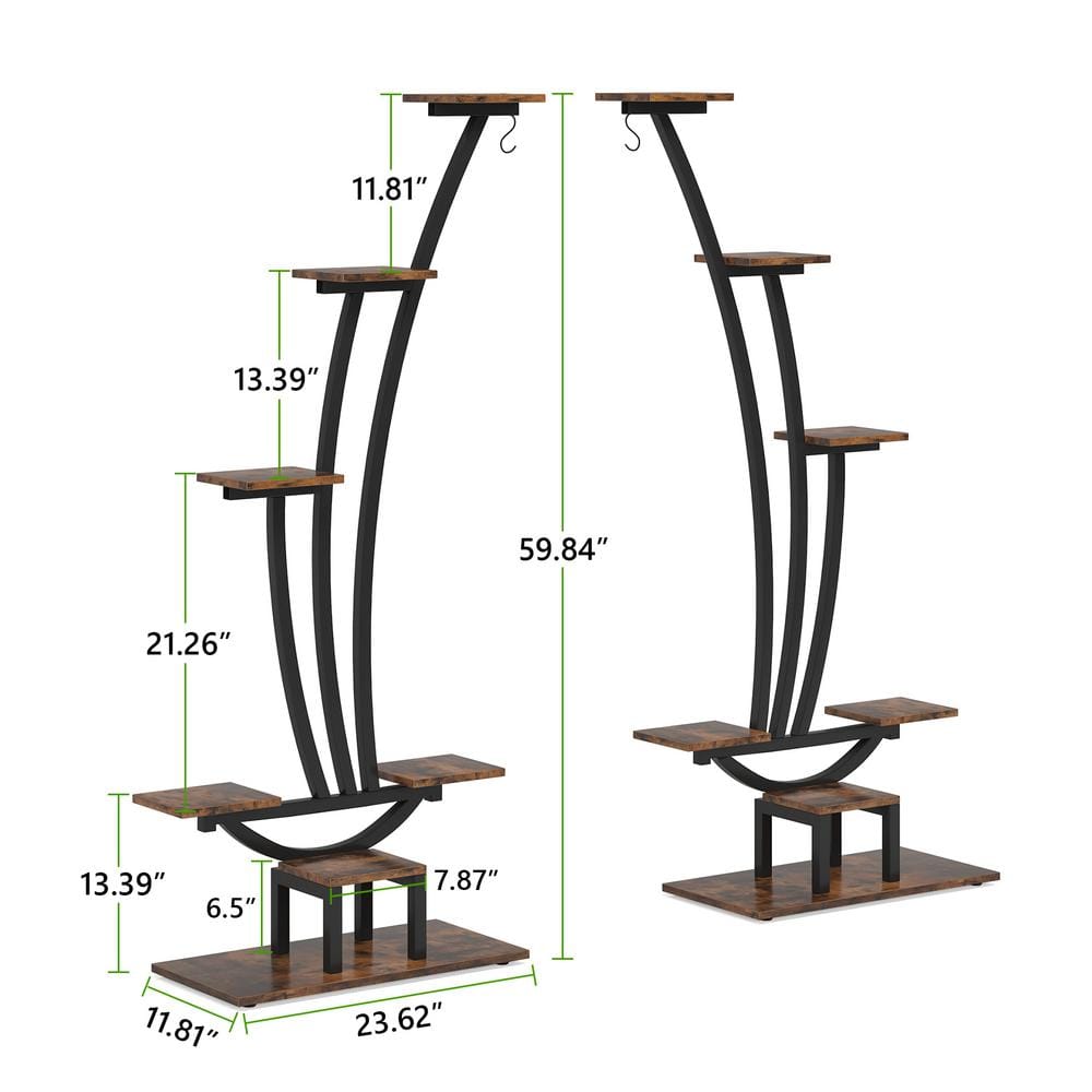 BYBLIGHT Wellston 59.8 in. Rustic Brown 5-Tier Indoor Plant Stand Flower Rack with 2-Hooks (Pack of 2) BB-Z013GX