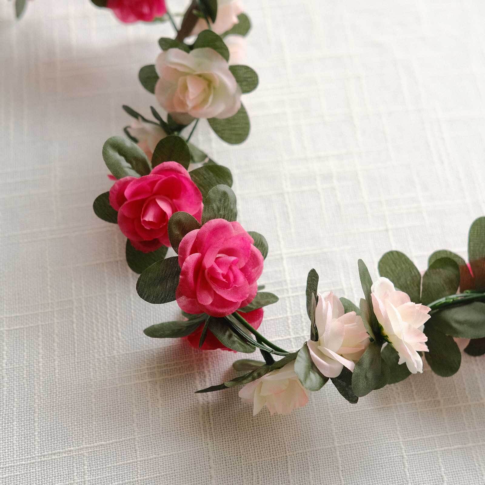 2 Pack Blush Fuchsia Artificial Silk Mini Rose Vines Hanging Flower Garland with 45 Flower Heads - 8ft