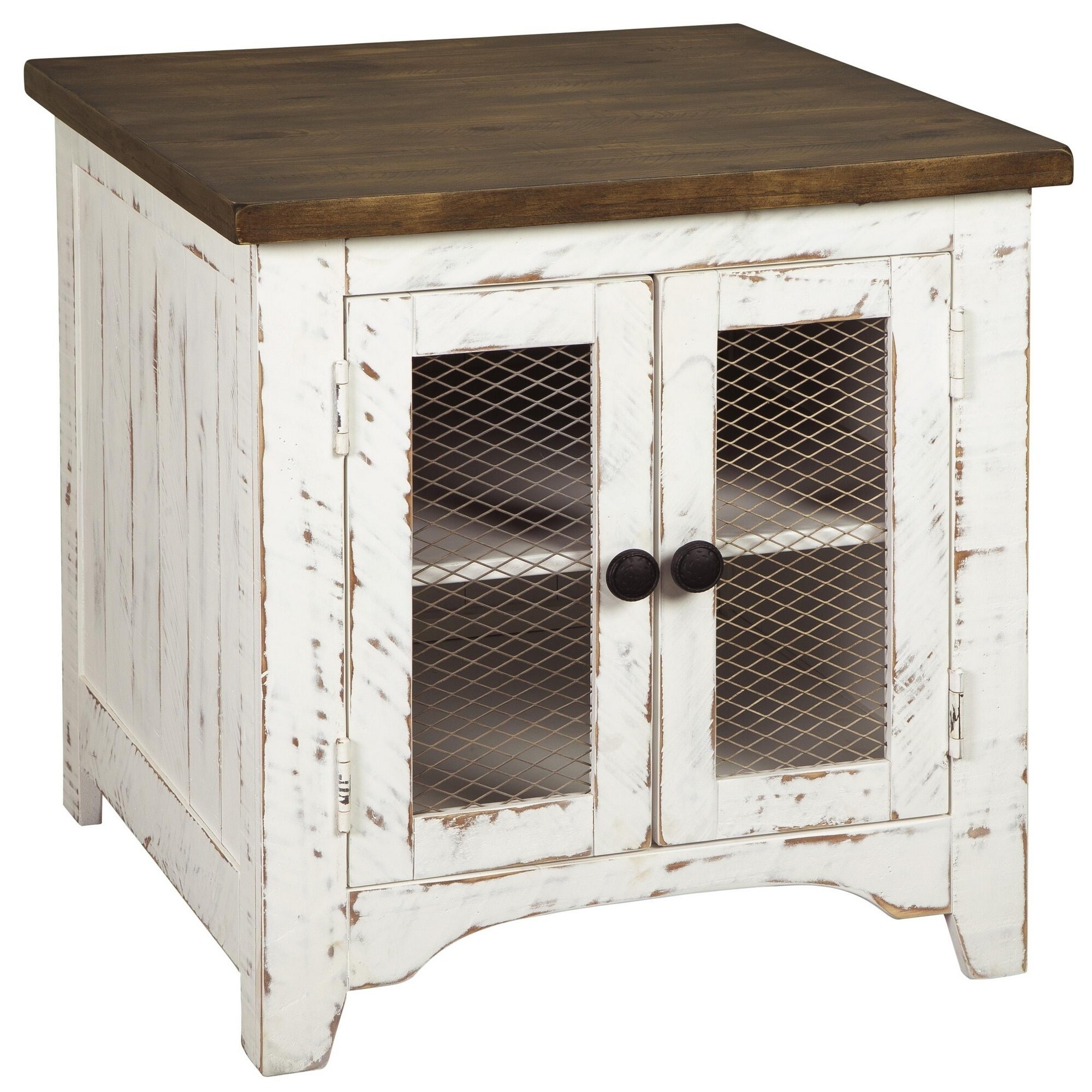 Two Tone Wooden End Table with Metal Grill Cabinet， Brown and White