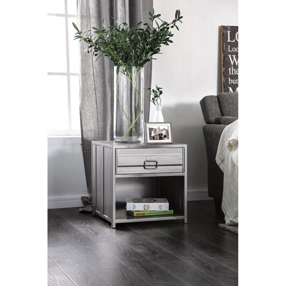 Industrial Style Metal Nightstand with Drawer and Bottom Shelf， Gray - - 26521027