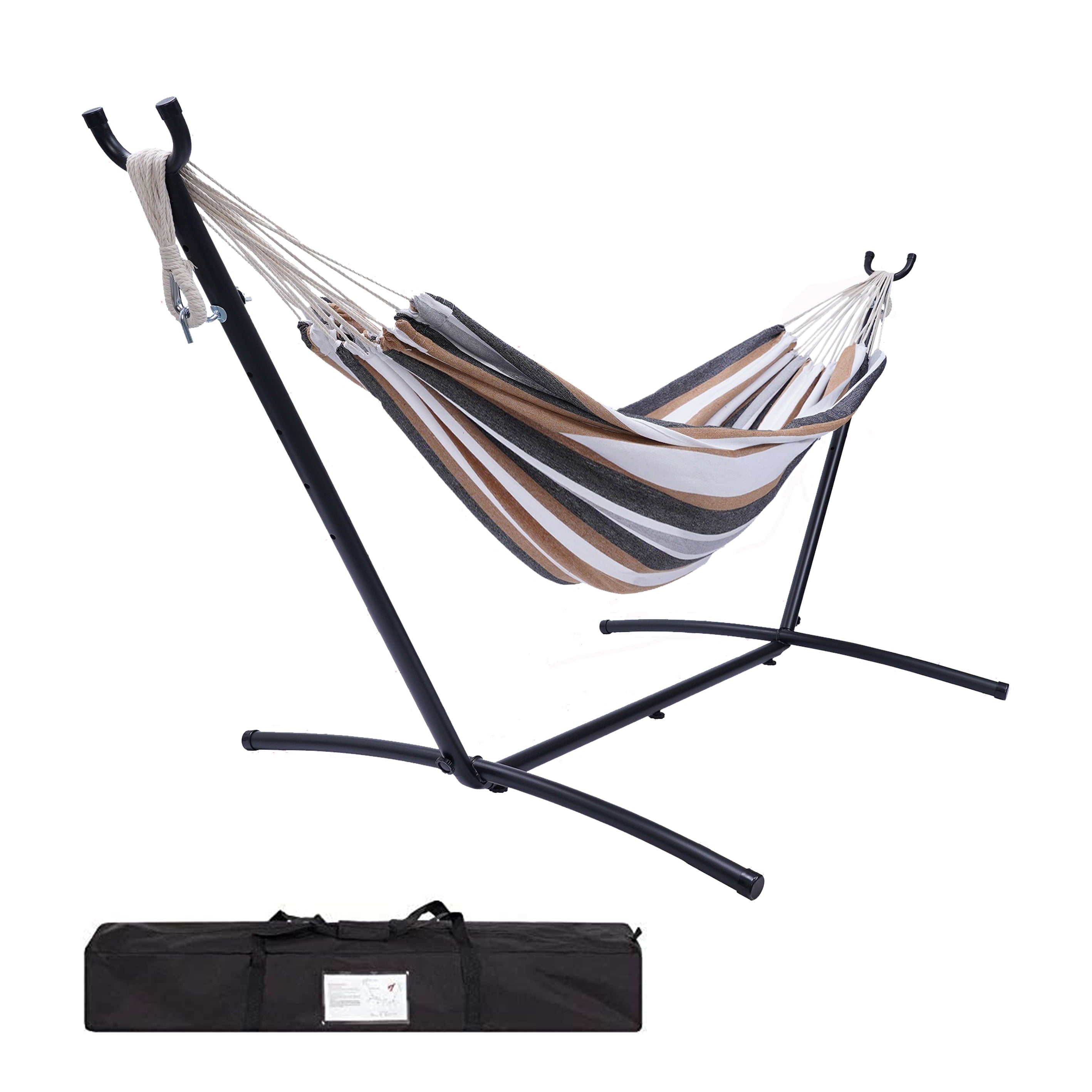 Unique Choice Double Classic Hammock with Stand, Outdoor Hammock with Powder-coated Steel Stand (Carry Pouch Included),Durable 450 Pound Capacity for 2 Person，Brown/Gray Striped