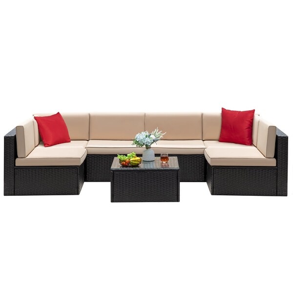 Furniwell 7Piece Outdoor Patio Furniture Sets Sectional Sofa Set Acacia Wood Set with Table ，Rattan sofa set