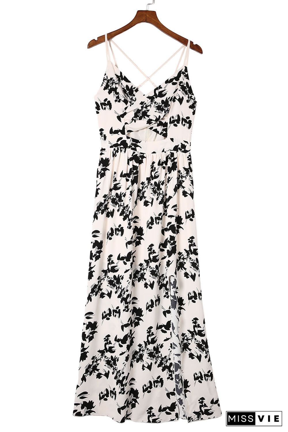 Beige Crossover Hollow-out Maxi Floral Dress with Slit