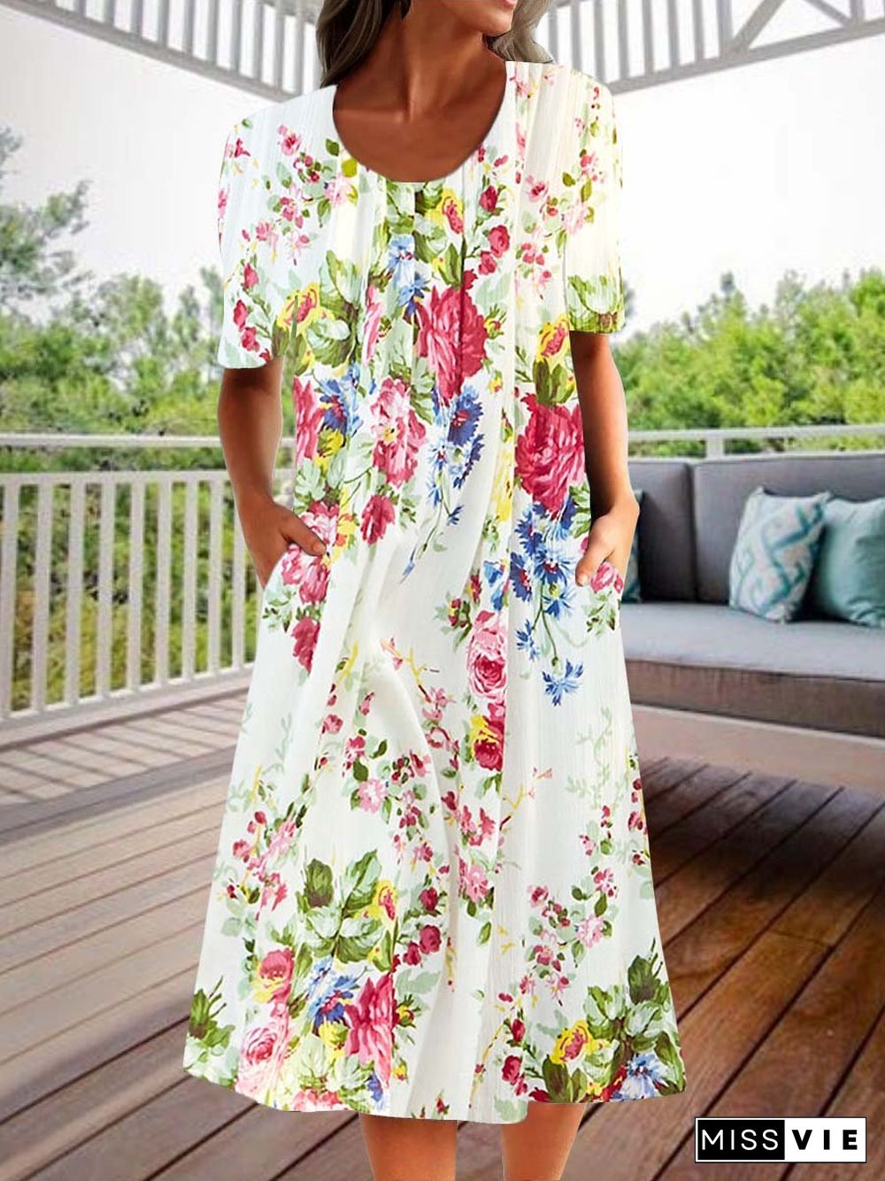 Women Casual Short Sleeve Scoop Neck Floral Printed Midi Dress