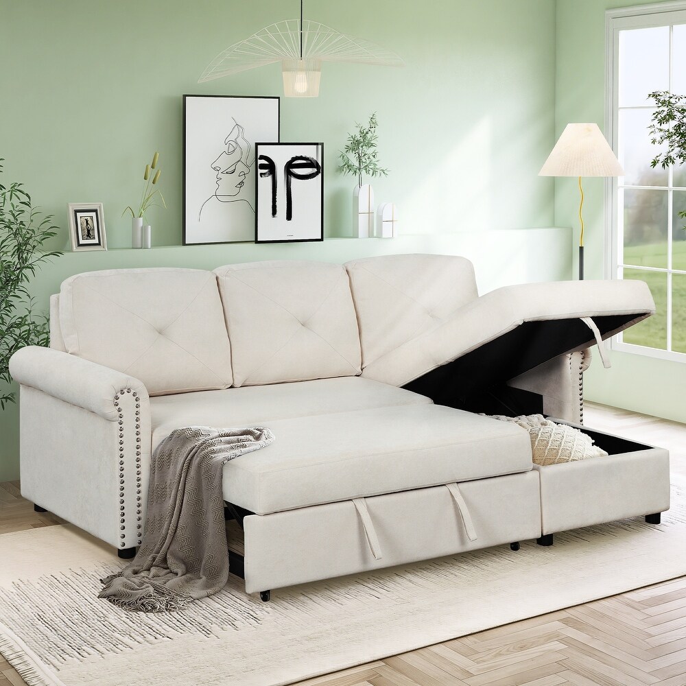 Beige Convertible Sleeper Sofa Bed with Storage Chaise Sleeper Bench