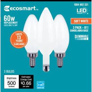 EcoSmart 60-Watt Equivalent B11 Dimmable Candelabra ENERGY STAR Frosted Glass Vintage Edison LED Light Bulb Soft White (3-Pack) FG-04074